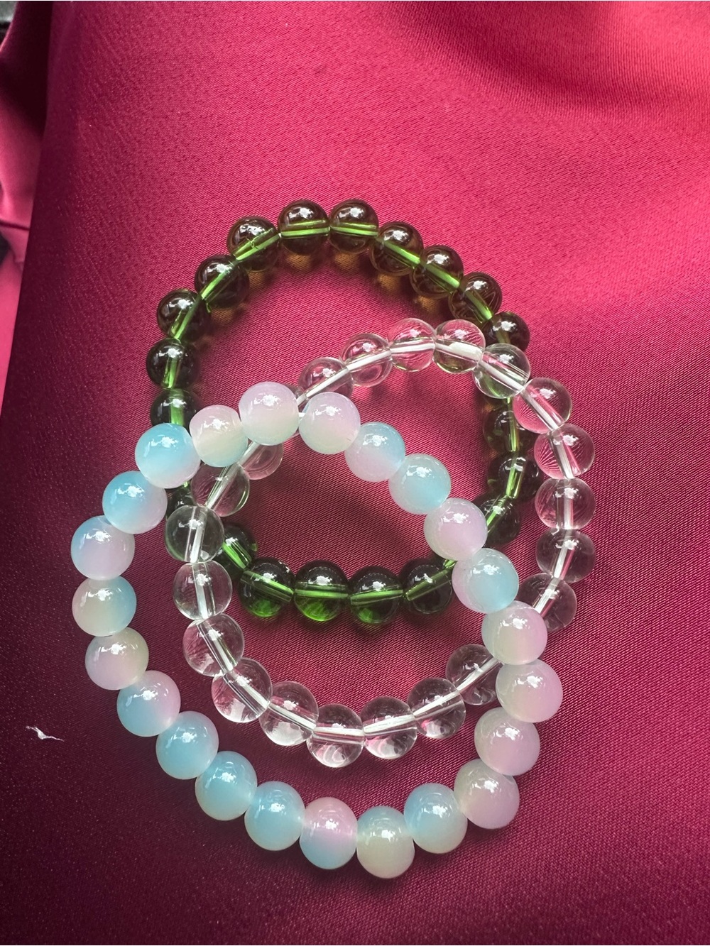 Crystal Bead Stretch Bracelet Trio - Green, Clear, Pastel Blue/Pink